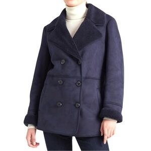 Lauren Ralph Lauren Faux Shearling Elongated Navy Blue Pea Coat NWT Size SP